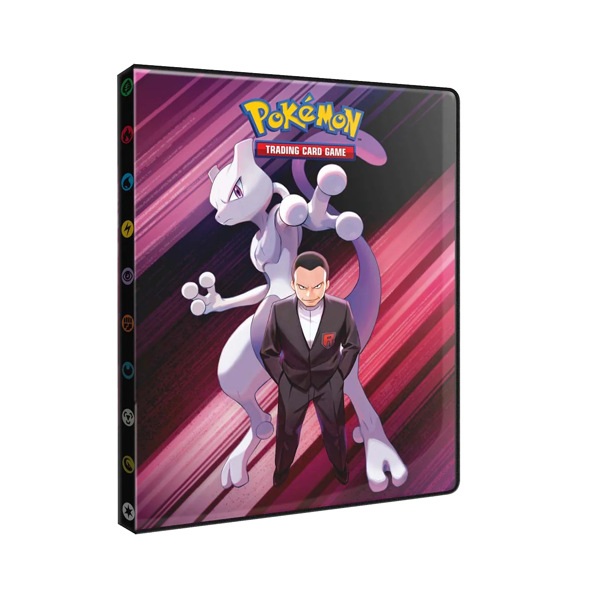 Pokémon Trading Card Game binder with Mewtwo and a character on a colorful striped background