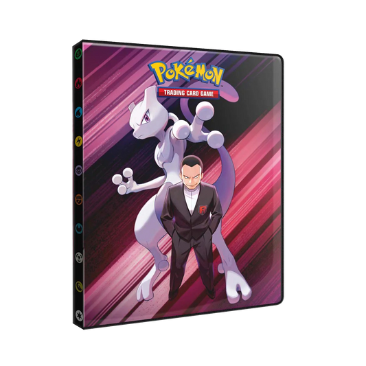 Pokémon Trading Card Game binder with Mewtwo and a character on a colorful striped background