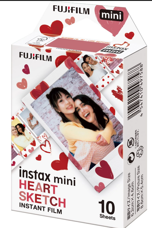 Fujifilm instax mini heart sketch instant film packaging with photos on a white background